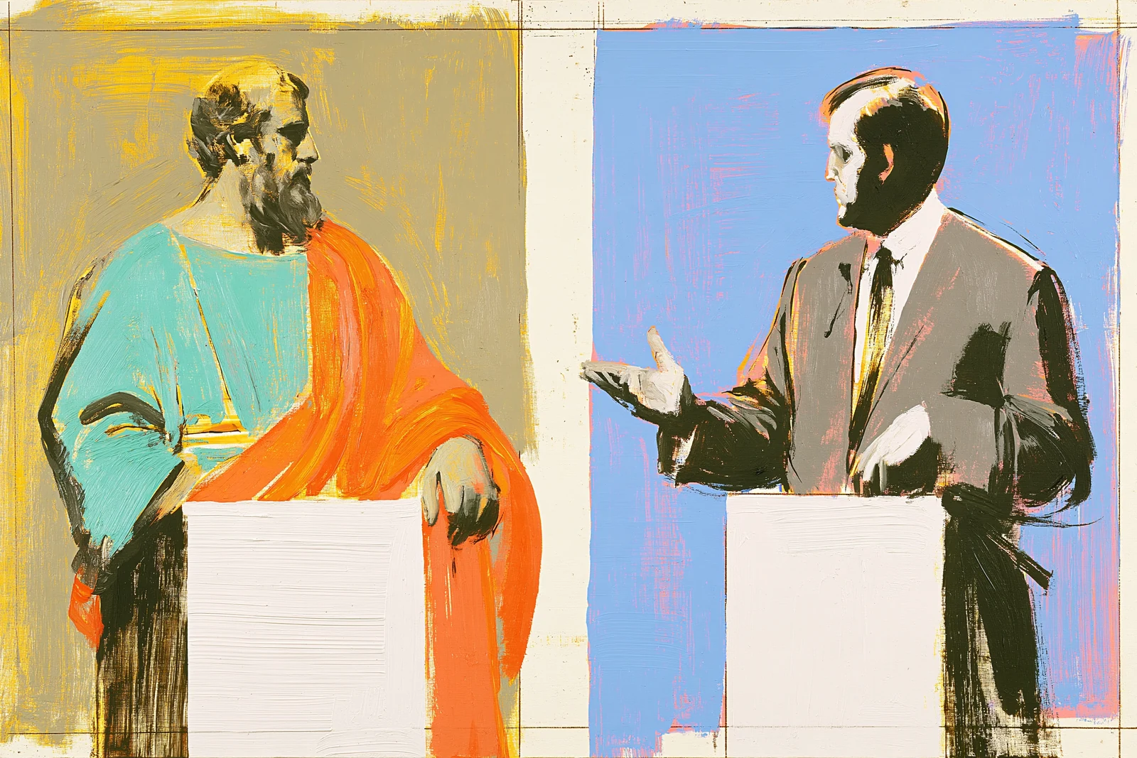 Painted illustration of a robed, bearded figure and a suited figure debating at lecterns against yellow and blue backgrounds.