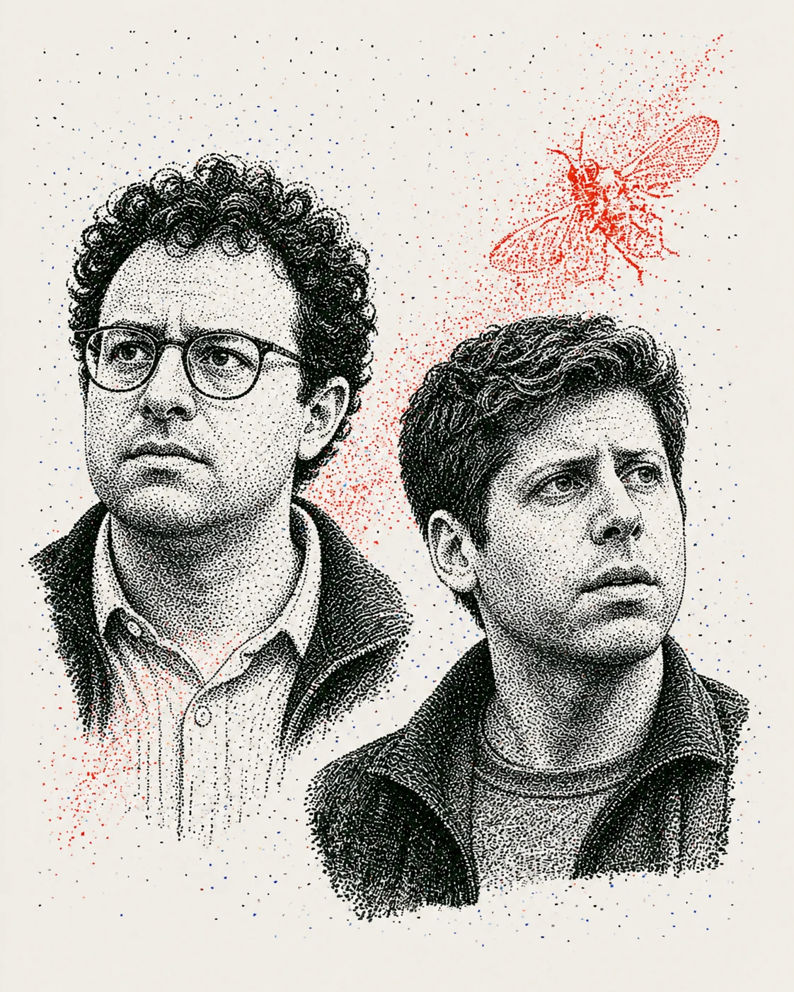 Stippled portraits of Dario Amodei and Sam Altman, with a red insect and scattered red and blue dots.