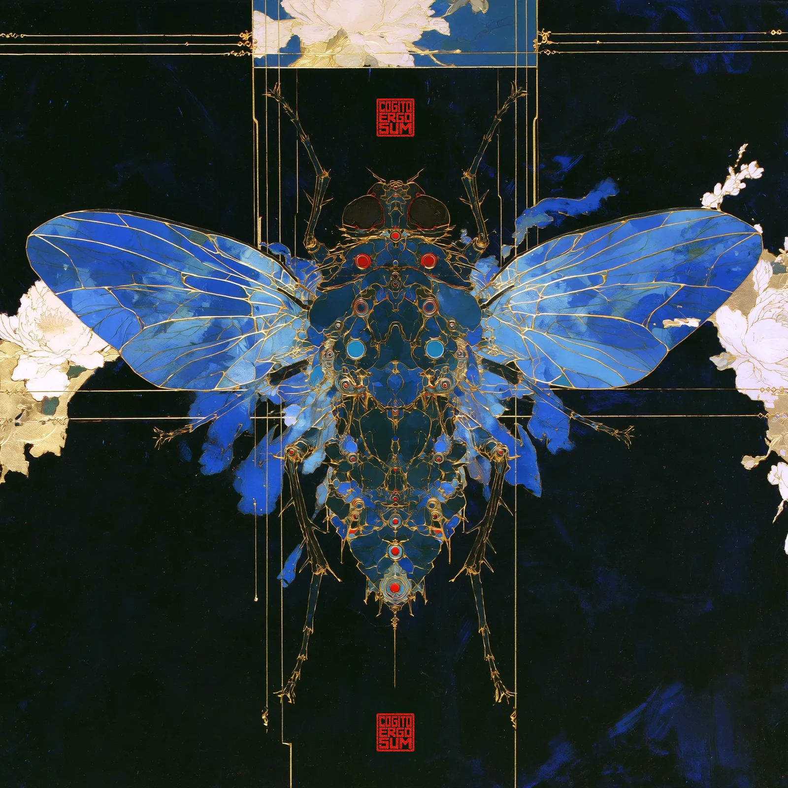 A blue and gold insect with outstretched wings, white flowers and red Cogito Ergo Sum seals against a dark background.